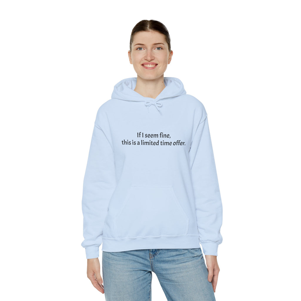 Hoodie — “If I seem fine, this is a limited time offer.” Minimal Comfort Pullover