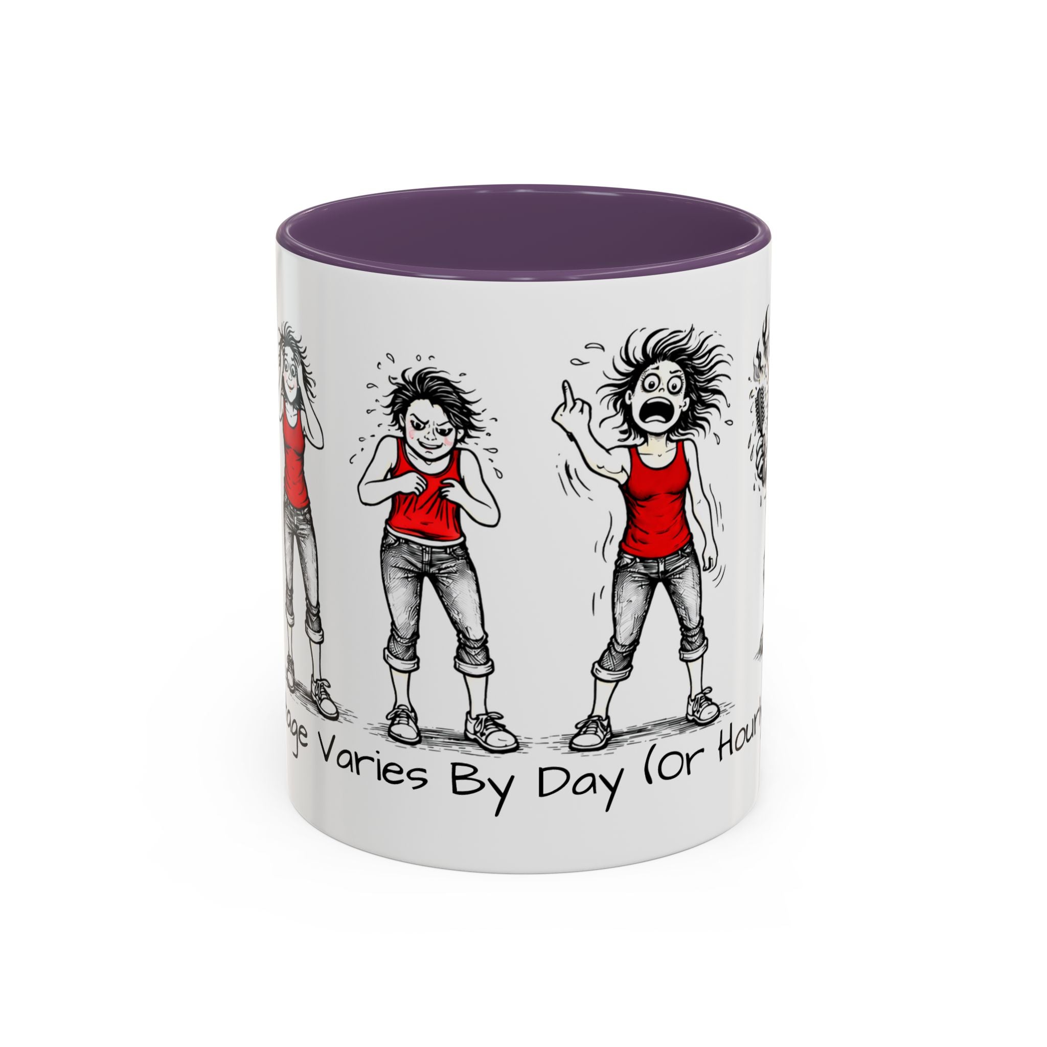 Coffee Mug — "Mood Varies By Day (Or Hourly)" Illustrated Sarcastic Cartoon USA/CAN