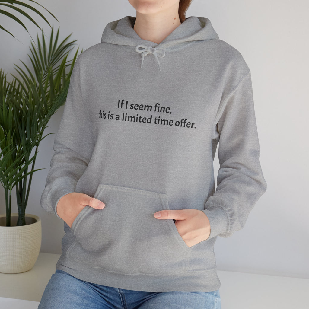 Hoodie — “If I seem fine, this is a limited time offer.” Minimal Comfort Pullover