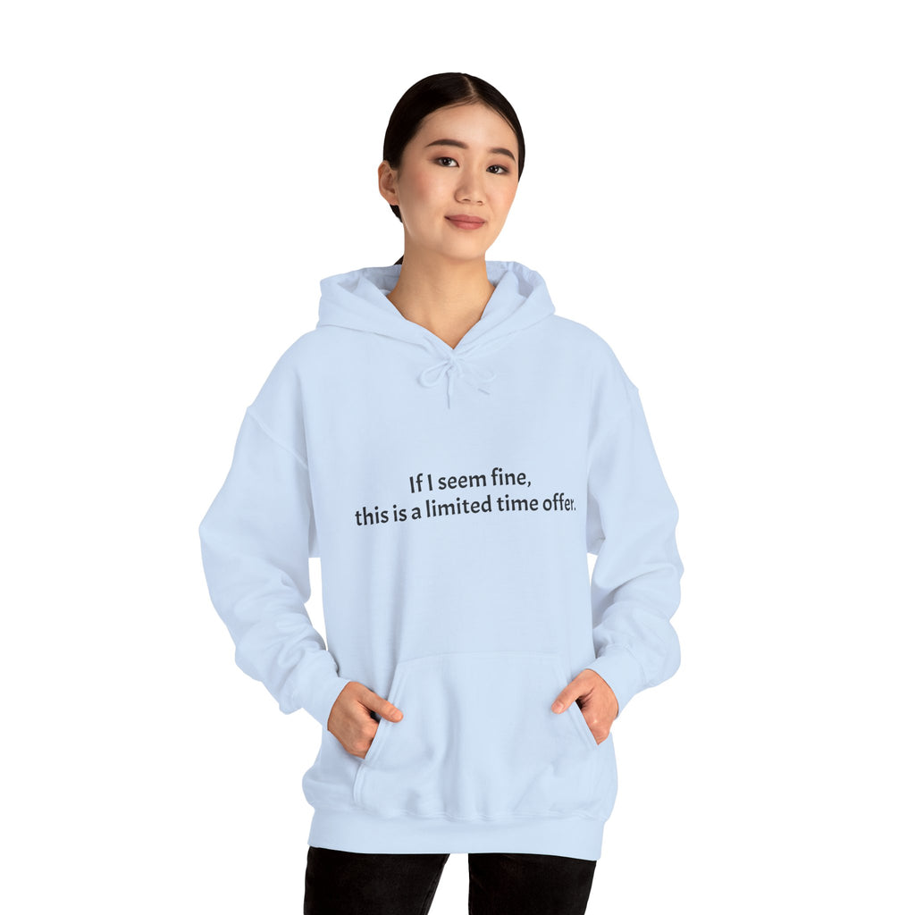 Hoodie — “If I seem fine, this is a limited time offer.” Minimal Comfort Pullover