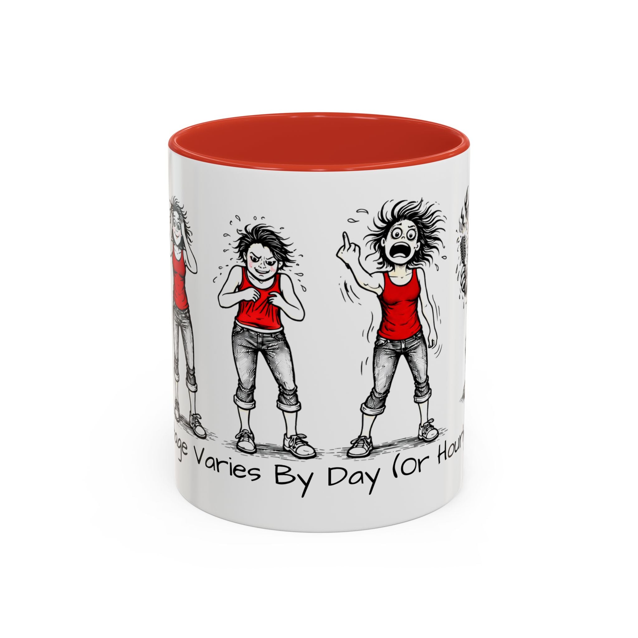 Coffee Mug — "Mood Varies By Day (Or Hourly)" Illustrated Sarcastic Cartoon USA/CAN