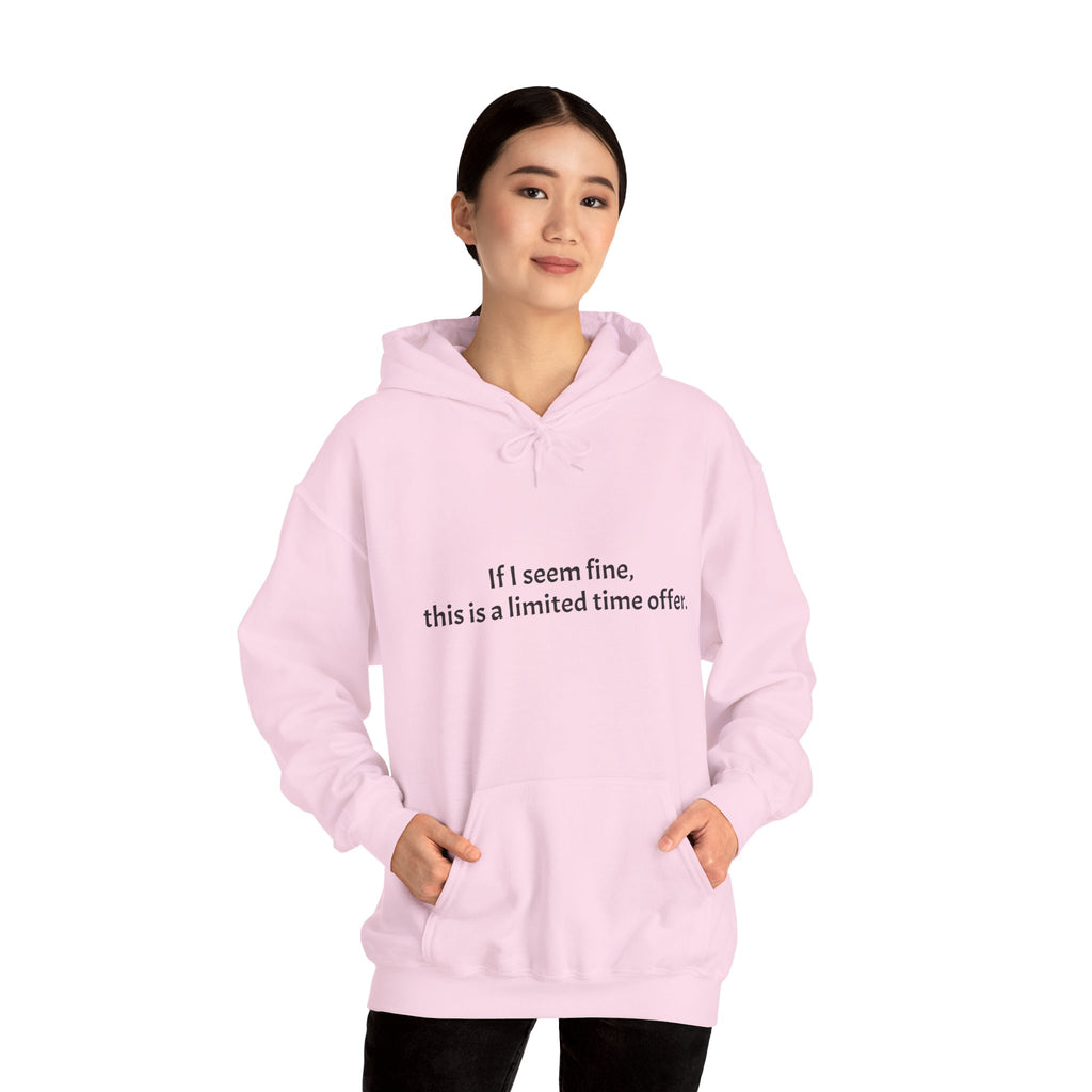 Hoodie — “If I seem fine, this is a limited time offer.” Minimal Comfort Pullover