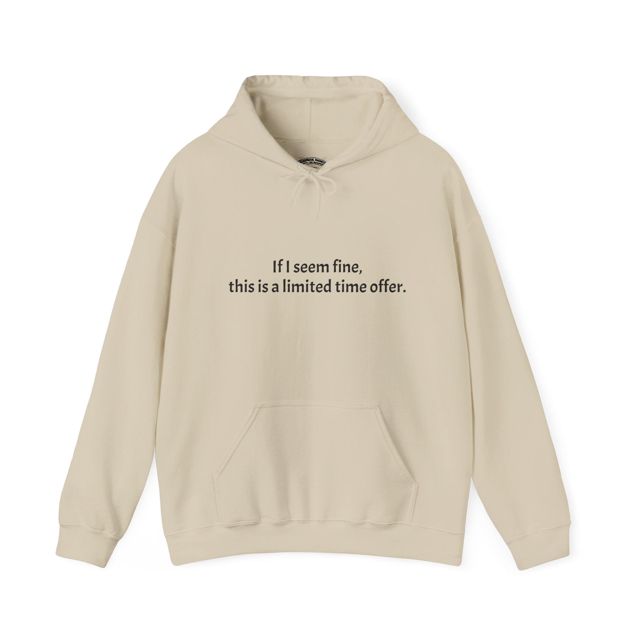 Hoodie — “If I seem fine, this is a limited time offer.” Minimal Comfort Pullover