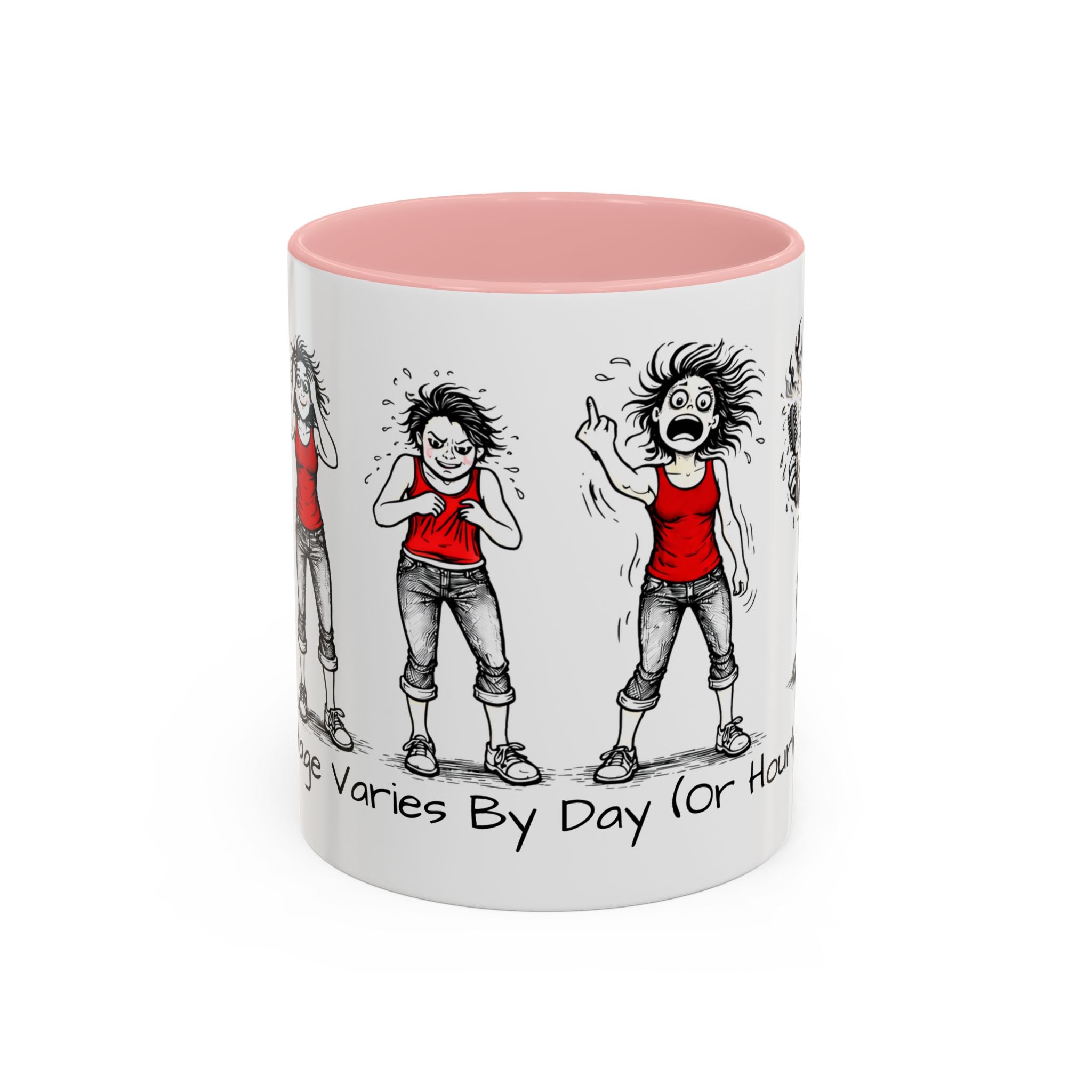 Coffee Mug — "Mood Varies By Day (Or Hourly)" Illustrated Sarcastic Cartoon USA/CAN