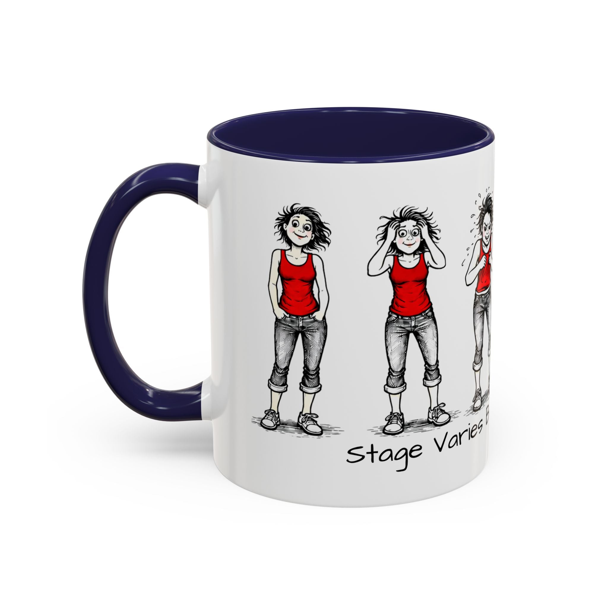 Coffee Mug — "Mood Varies By Day (Or Hourly)" Illustrated Sarcastic Cartoon USA/CAN