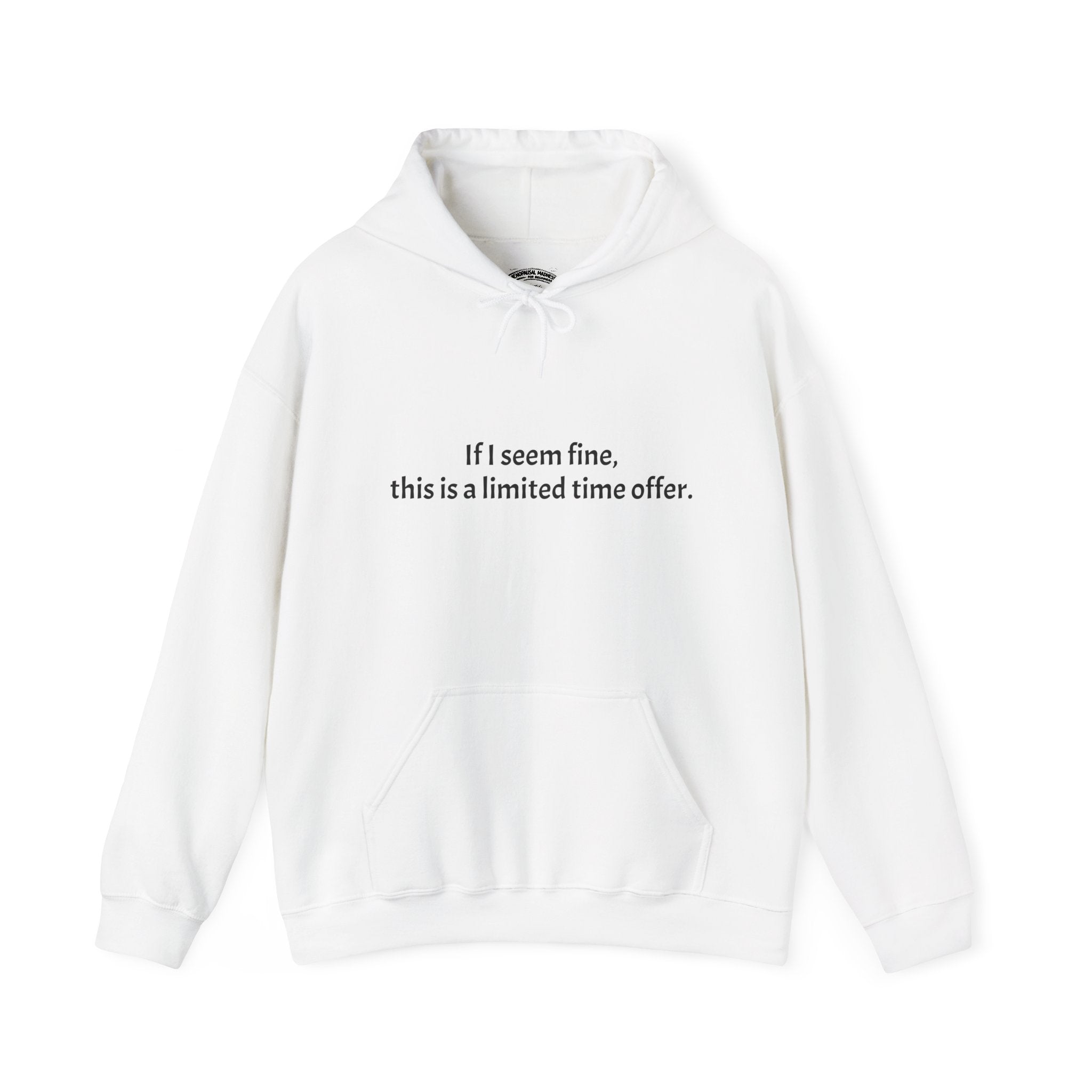 Hoodie — “If I seem fine, this is a limited time offer.” Minimal Comfort Pullover