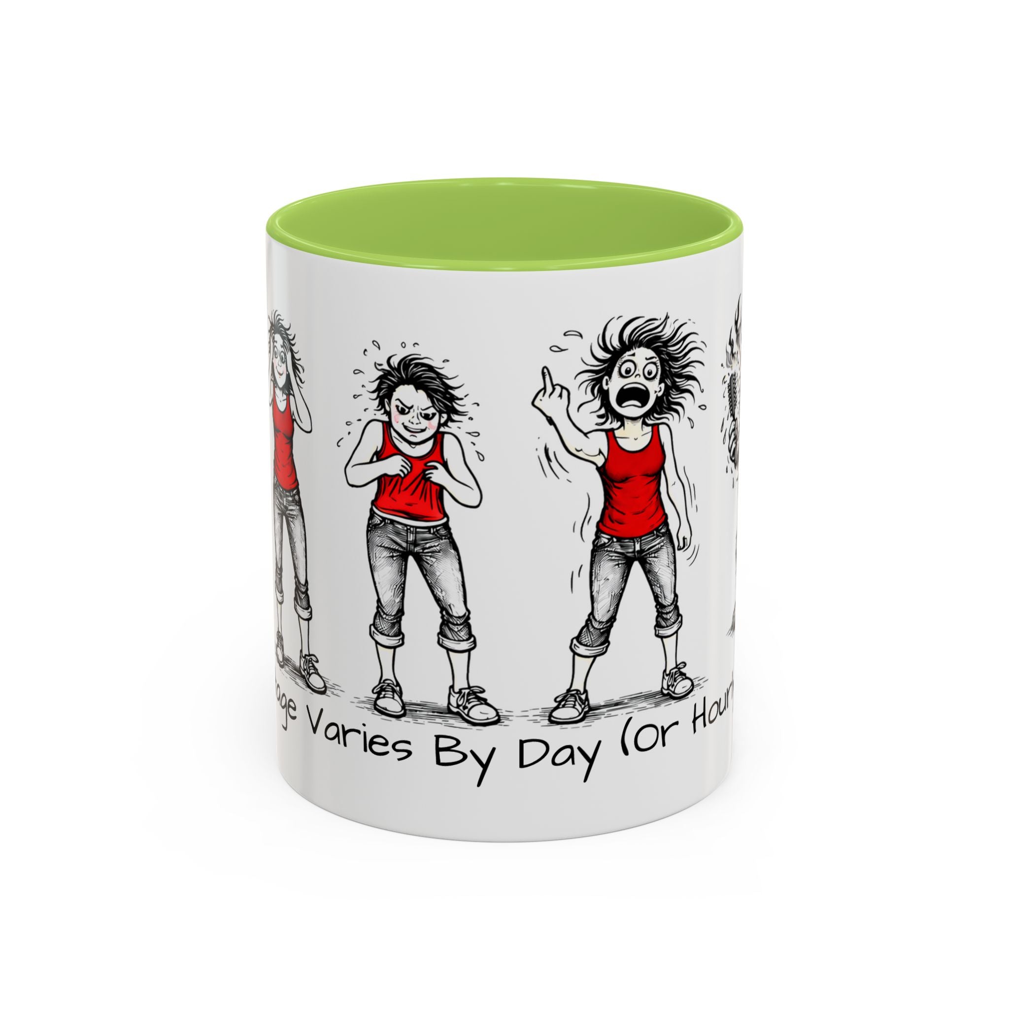 Coffee Mug — "Mood Varies By Day (Or Hourly)" Illustrated Sarcastic Cartoon USA/CAN