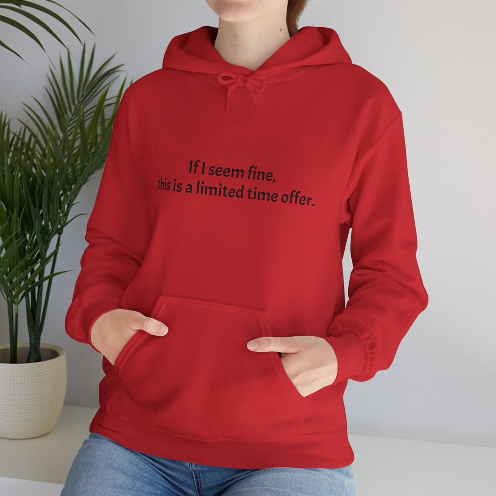 Hoodie — “If I seem fine, this is a limited time offer.” Minimal Comfort Pullover