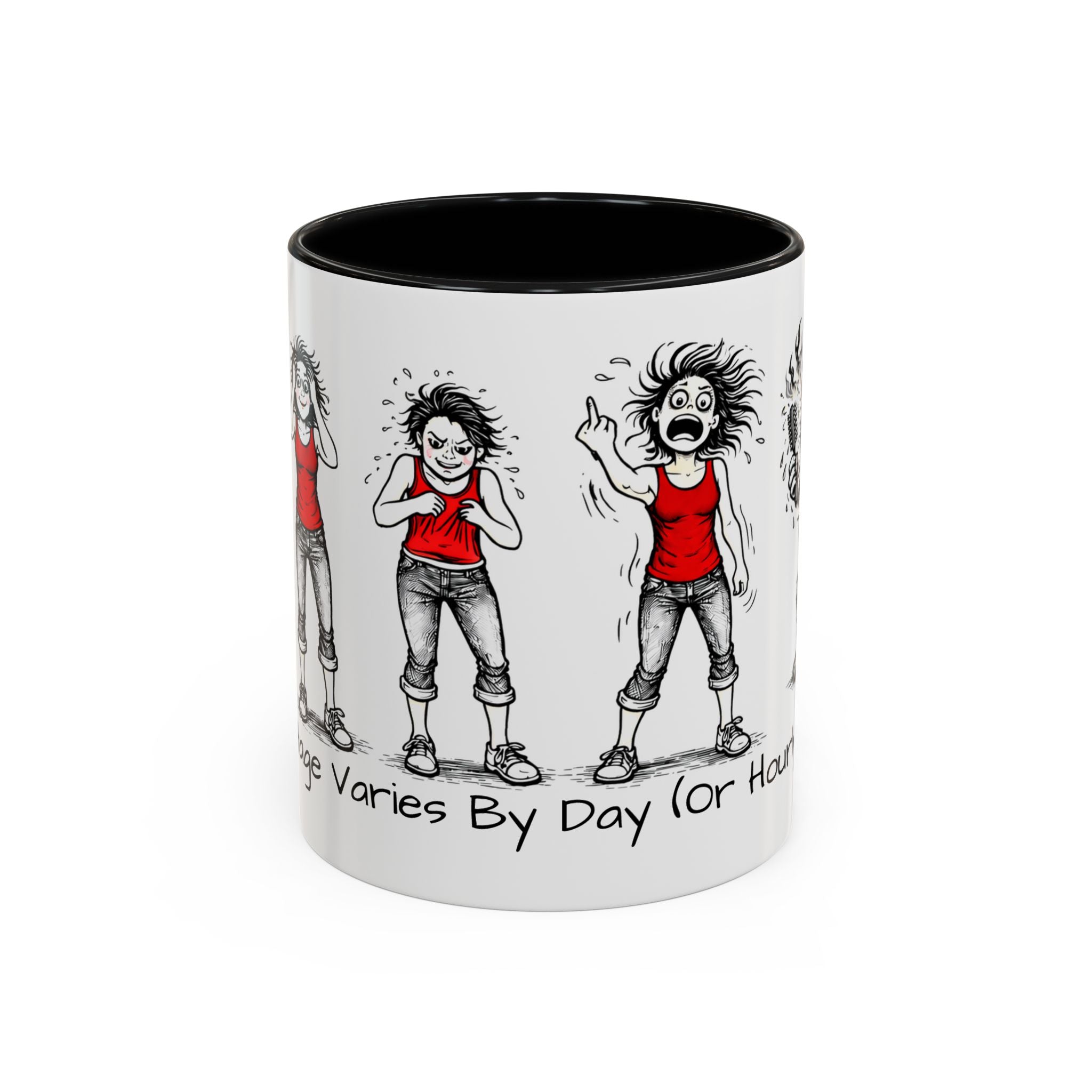 Coffee Mug — "Mood Varies By Day (Or Hourly)" Illustrated Sarcastic Cartoon USA/CAN