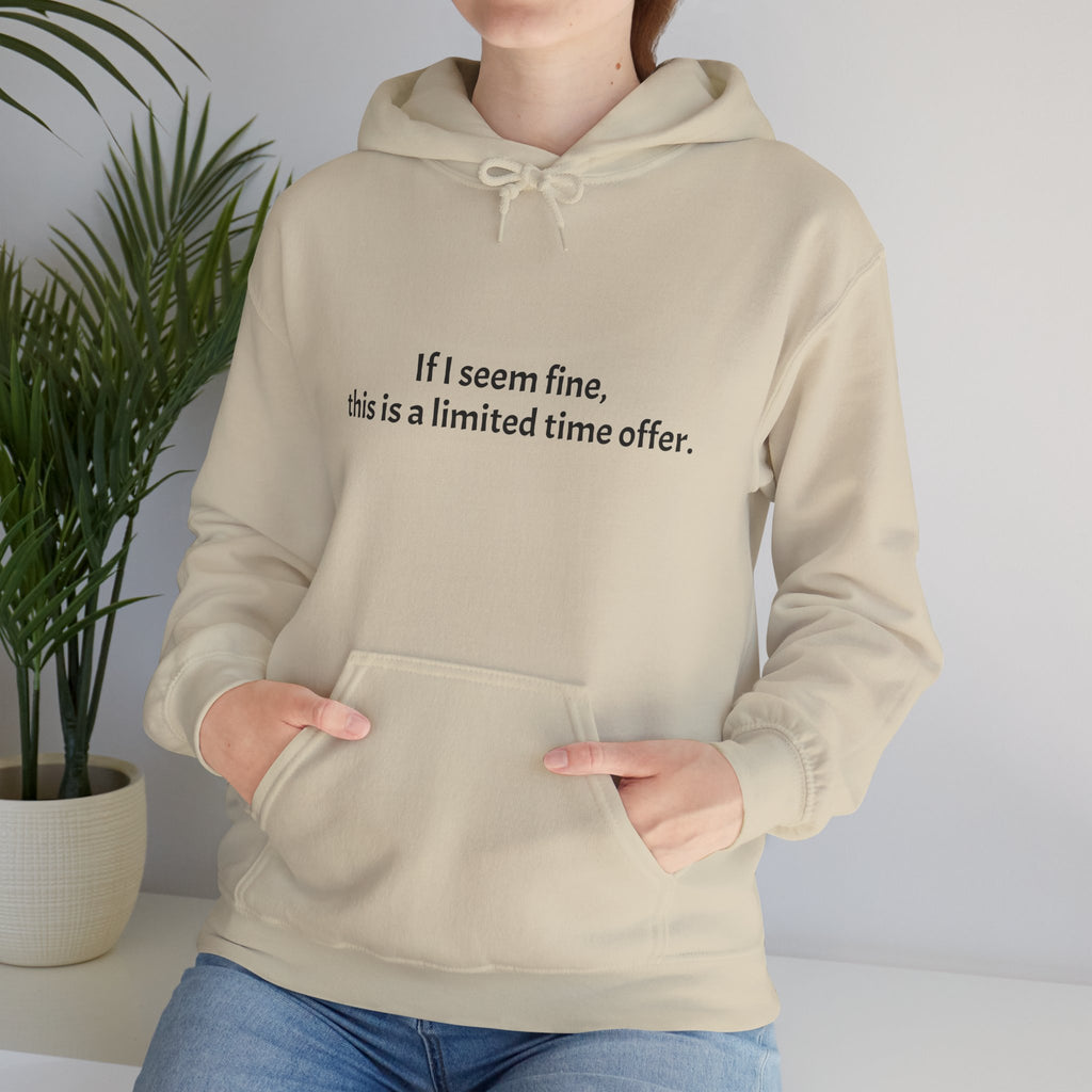 Hoodie — “If I seem fine, this is a limited time offer.” Minimal Comfort Pullover