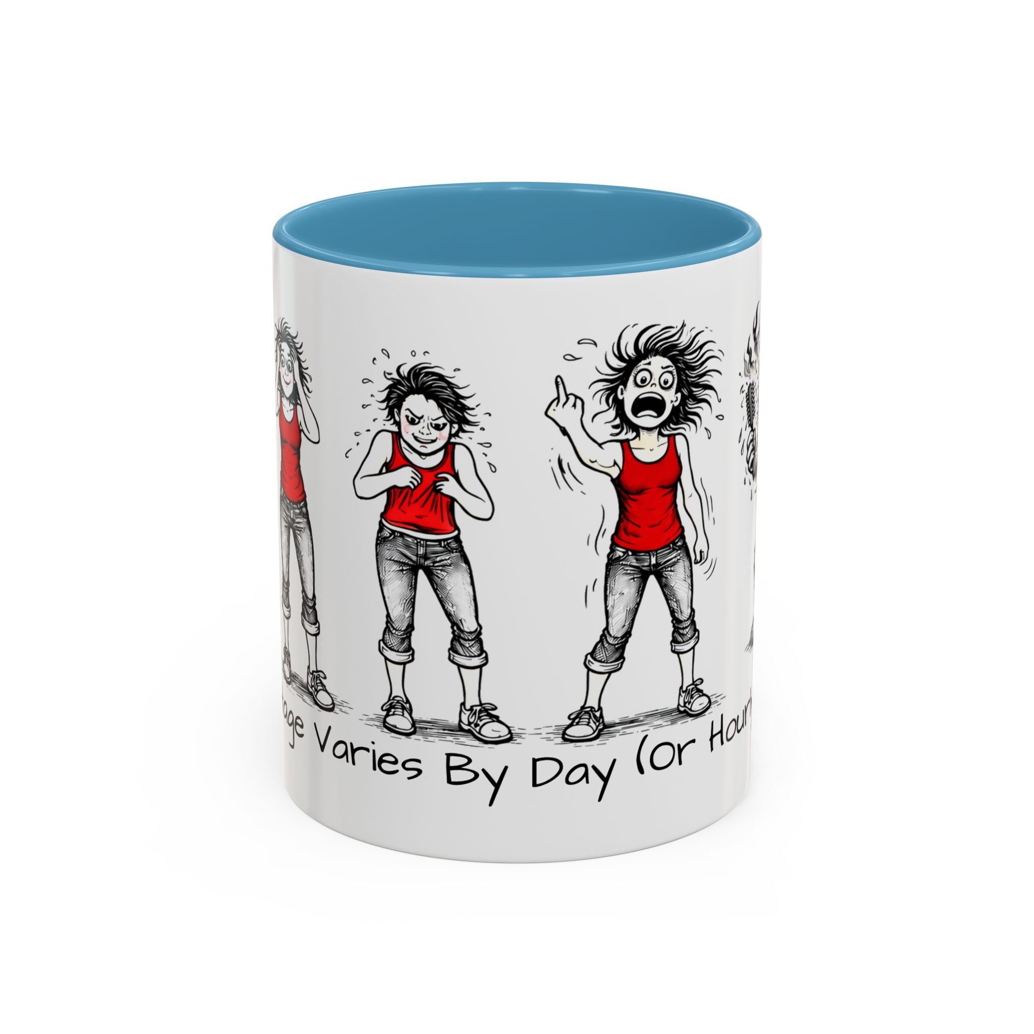 Coffee Mug — "Mood Varies By Day (Or Hourly)" Illustrated Sarcastic Cartoon USA/CAN