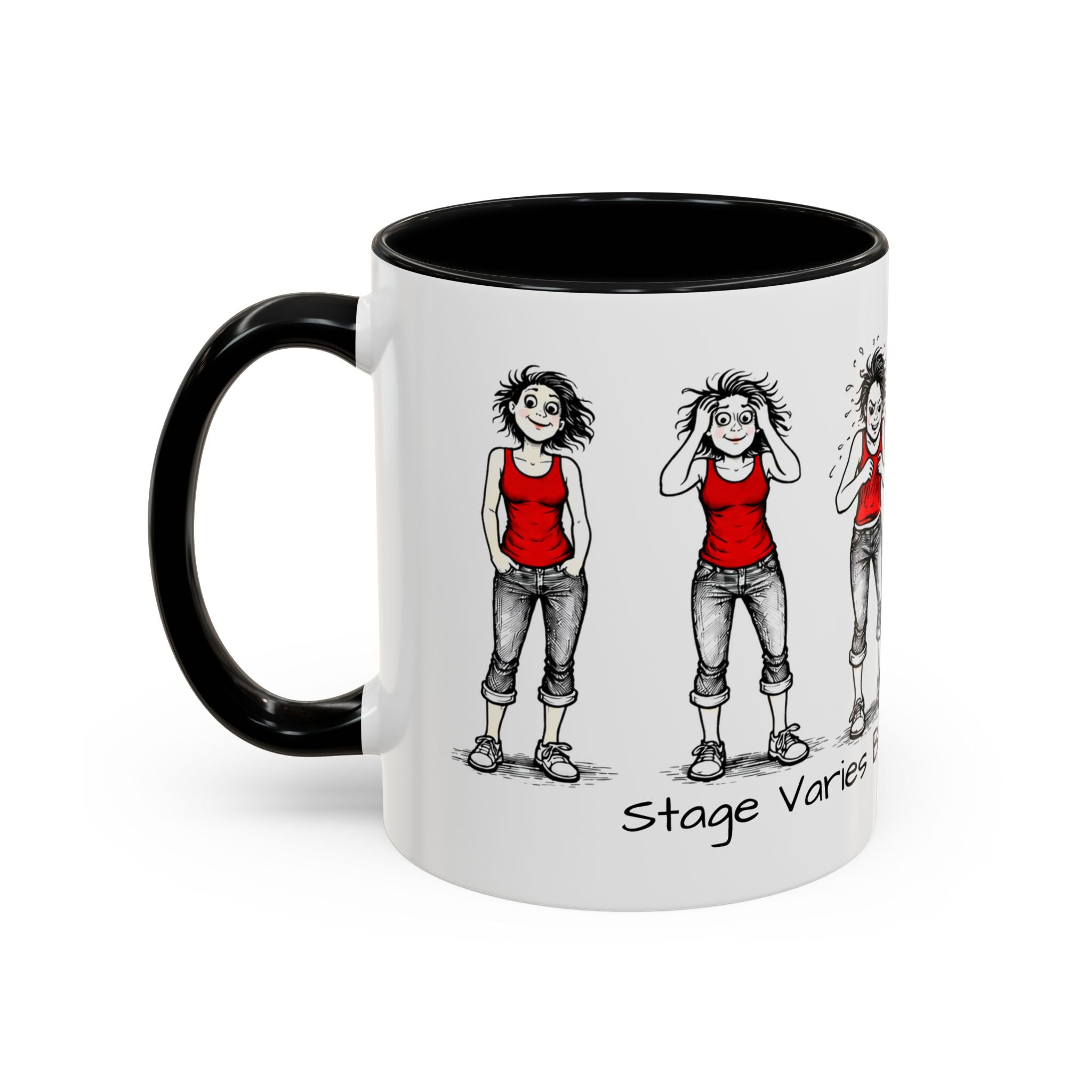 Coffee Mug — "Mood Varies By Day (Or Hourly)" Illustrated Sarcastic Cartoon USA/CAN
