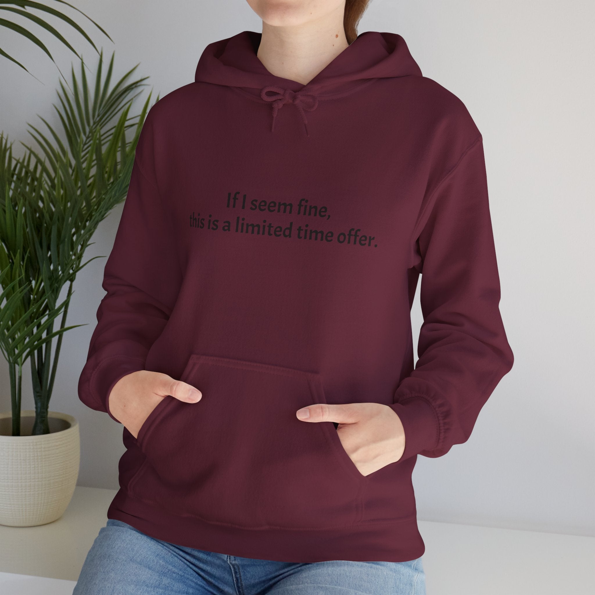Hoodie — “If I seem fine, this is a limited time offer.” Minimal Comfort Pullover
