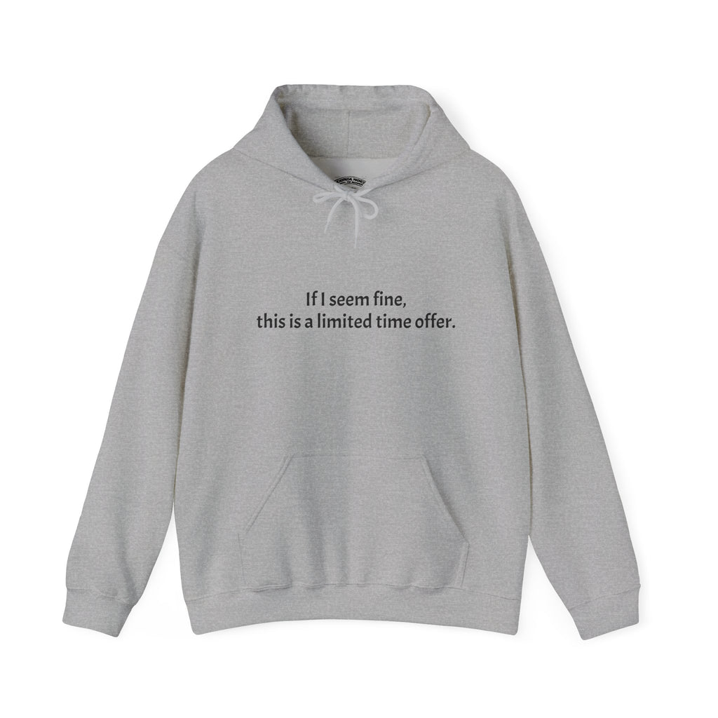 Hoodie — “If I seem fine, this is a limited time offer.” Minimal Comfort Pullover