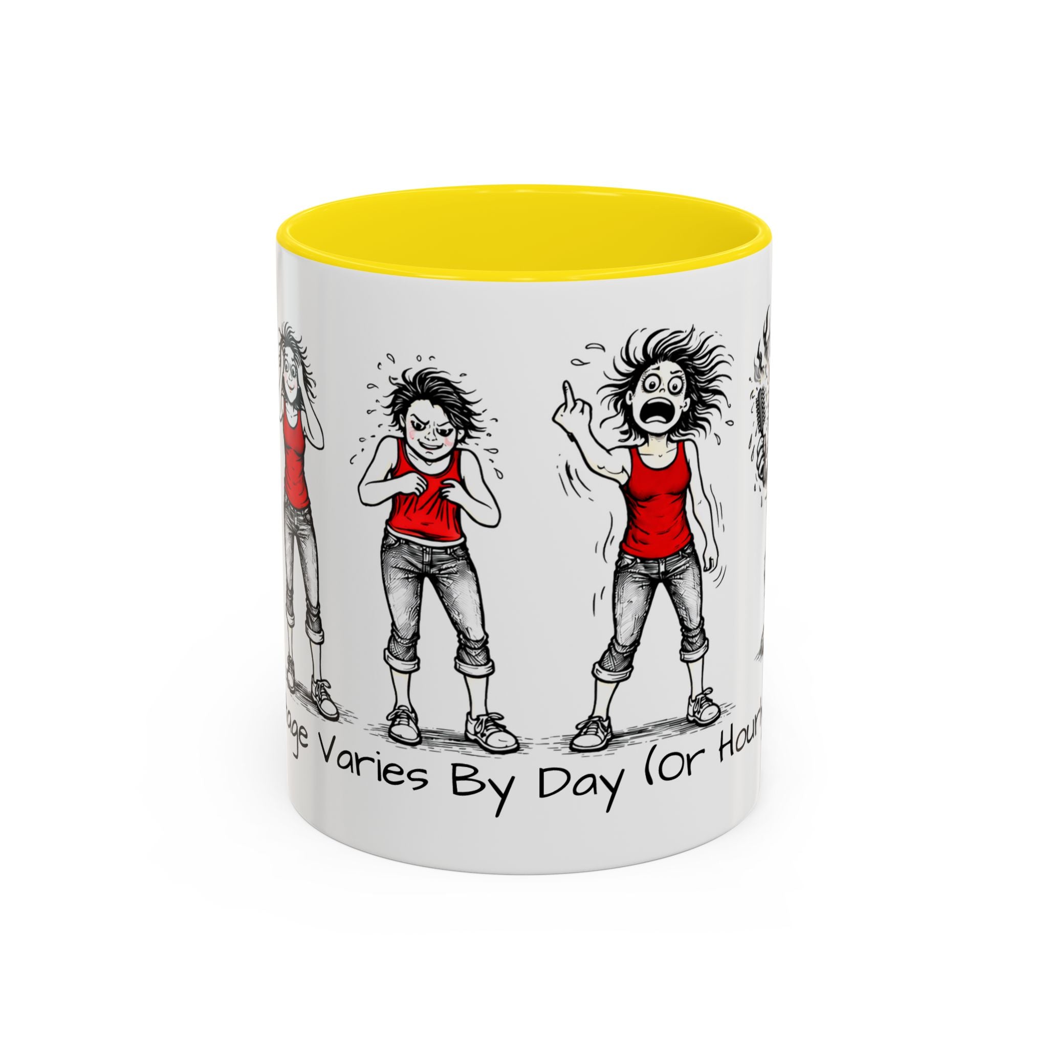 Coffee Mug — "Mood Varies By Day (Or Hourly)" Illustrated Sarcastic Cartoon USA/CAN